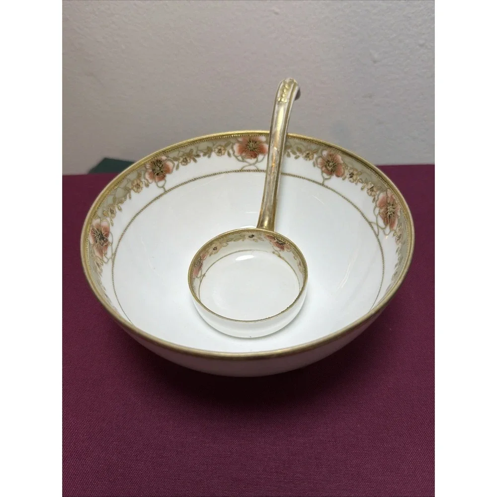 Antique Nippon Porcelain Hand Painted Footed Condiment Bowl with Matching Ladle